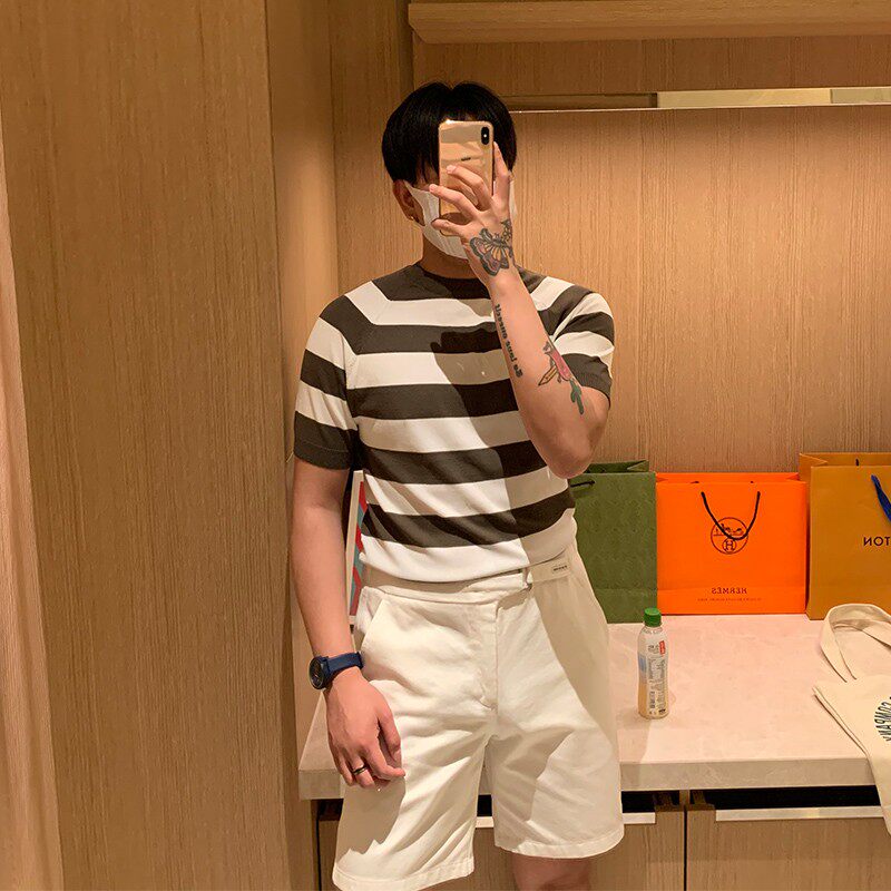 Ice silk short sleeves men summer new product 2022 popular stripe color block round neck T-shirt light cooked thin knitT shirt half sleeves