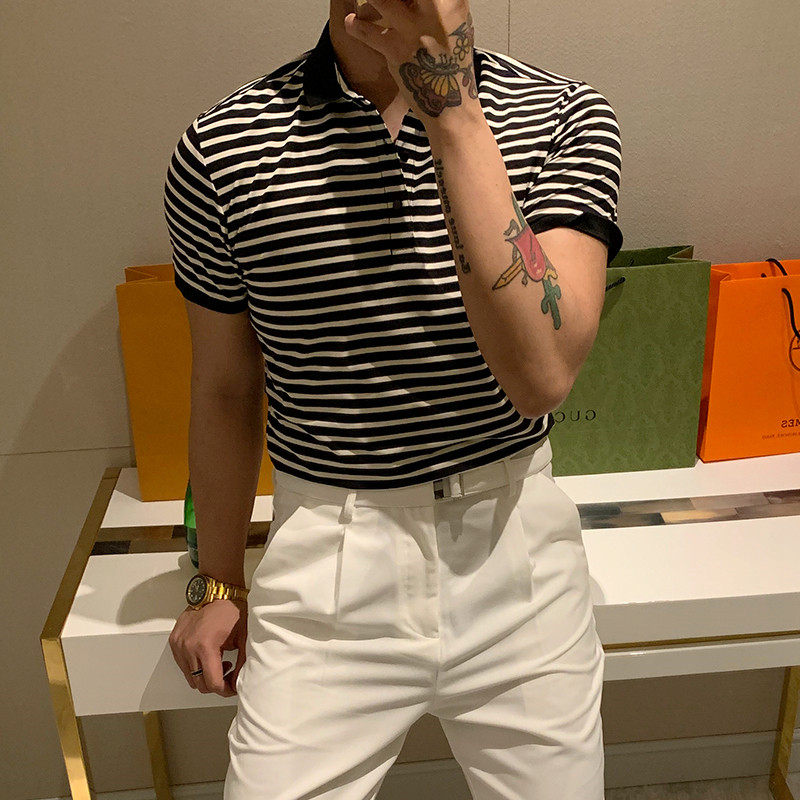 Brother summer men show thin POLOT shirt short sleeve Korea light ripe popular slim stripe lapel jacket tide