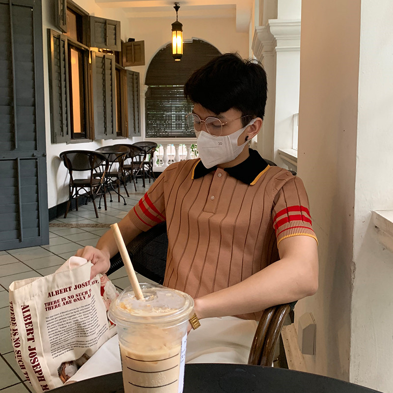 BROTHER Vintage French Light Luxury Lapel Short Sleeve t-Shirt Men Summer Knit Fabric Contrast Trend Polo Shirt