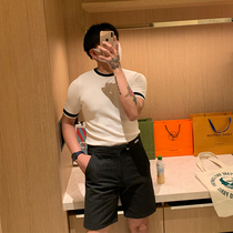 BROTHER catwalk design black and white splicing color short sleeve men summer light and cool ice silk T-shirt shirt shirt top