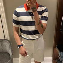 BROTHER summer mens color stitching stripe polo shirt Korean popular ice silk knitted lapel short sleeve tide