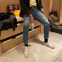 BROTHER autumn spring fashion Korean version of the hole jeans mens trend hundreds of small straight casual ankle-length pants men