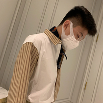 BROTHER spring mens splicing color square collar shirt Korea light cooked loose pop vertical stripe shirt Tide 21