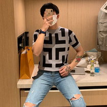BROTHER Summer men geometric color color knit sweater half sleeve Korean pop round neck breathable Ice Silk short sleeve tide