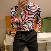 Brother autumn new mens personality rainbow strip printed shirt 2022 fashion walk show trend shirt