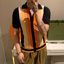 BROTHER American Summer Lapel Color Cardigan Short Sleeve Summer Mens Vintage Knit Thin Knitted T-shirt