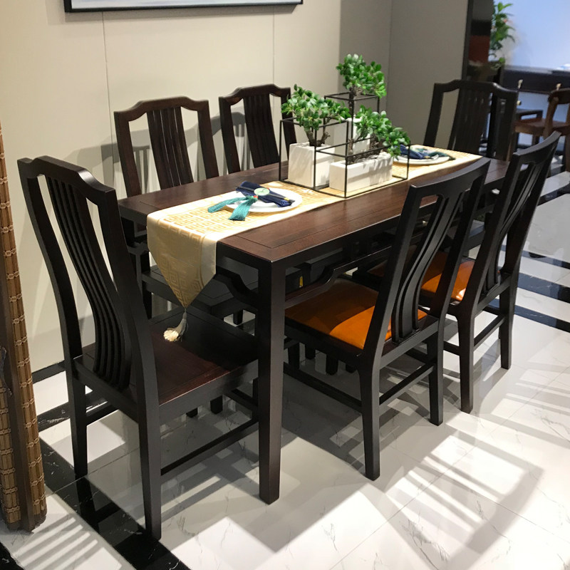 New Chinese dining table and chair combination dining room ebony log dining table home simple rectangular one table six chairs dining table