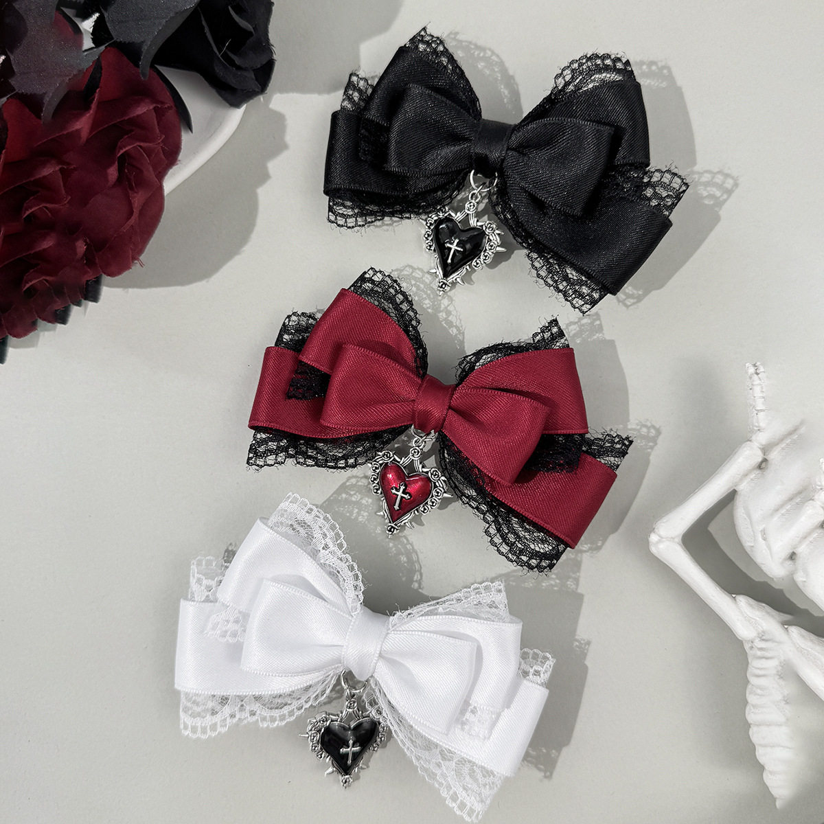 New dark and sweet style heart cross lace bow hair clip for women, fashionable, unique and high-end hair accessory.