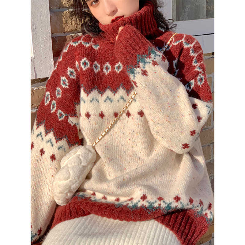 New Year's Outfit Fair Isle Turtleneck Red Sweater for Women, Autumn and Winter 2026 New Style, Inner Layer Knit Top, Thickened