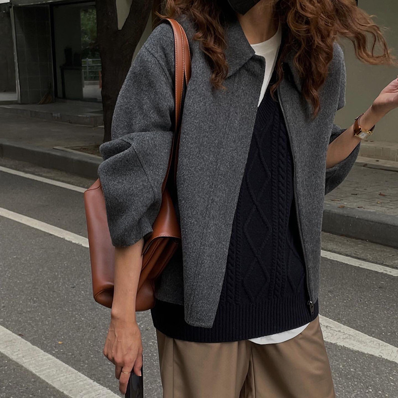 South Korea's Dongdaemun 2022 autumn and winter new double-sided cashmere coat women's short section small zipper woolen coat