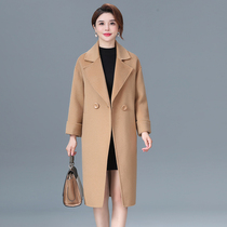 Autumn and winter double-sided cashmere womens British style coat mid-length suit collar camel large size loose woolen coat