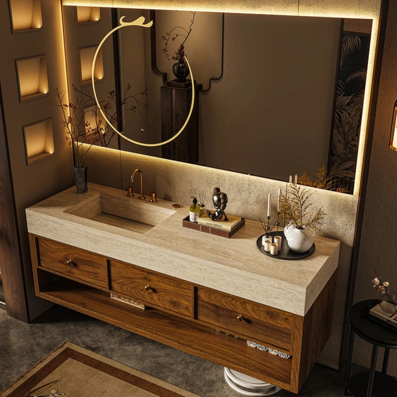 French-Style Vintage Rock Slab Integrated Basin Bathroom Cabinet Set with Hidden Drain for Washing Hands and Face French-Style Vintage Rock Slab Integrated Basin Bathroom Cabinet Set with Hidden Drain for Washing Hands and Face