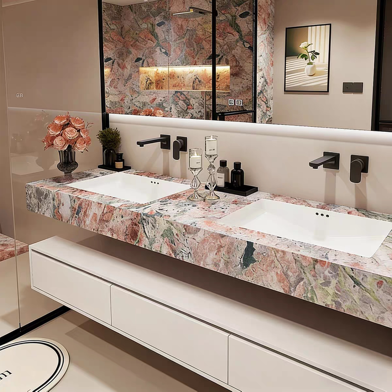 Hotel-Style Four-Season Pink-Green Slate Double-Basin Bathroom Cabinet Set with Integrated Washbasin and Sink
