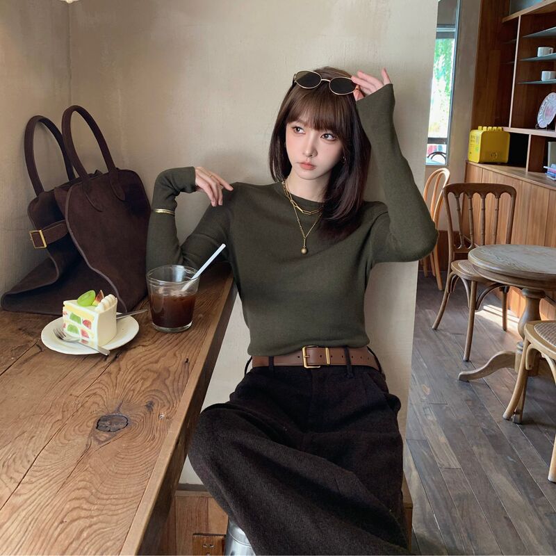 Green Inner Layer Women's Sweater for Autumn, Wool Knit Top, Round Neck, Thin Base Shirt, Long Sleeves, High-End Feel
