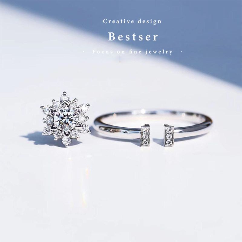 Bsetser Bsetser (snowflake) ring pendant with two dresses 18K white gold drilling ring female carat effect diamond