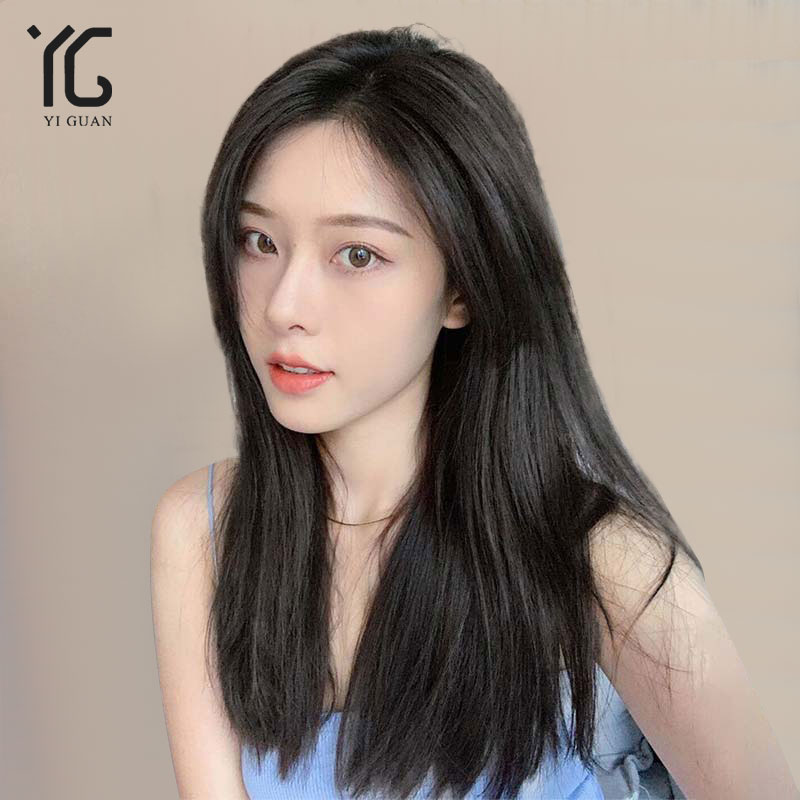Lace wig Women's summer long hair Real hair medium black long straight hair Hand woven needle real hair can tie the full headgear
