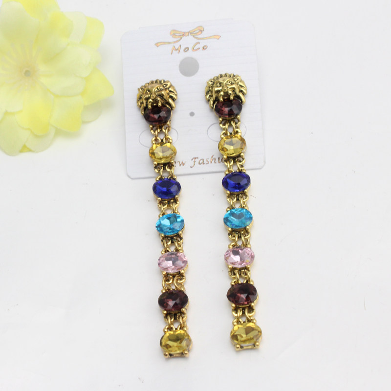 Korean Version New Temperament Long Version Lion Head Color Crystal Jewel Earrings Retro Luxurious with a face to ear