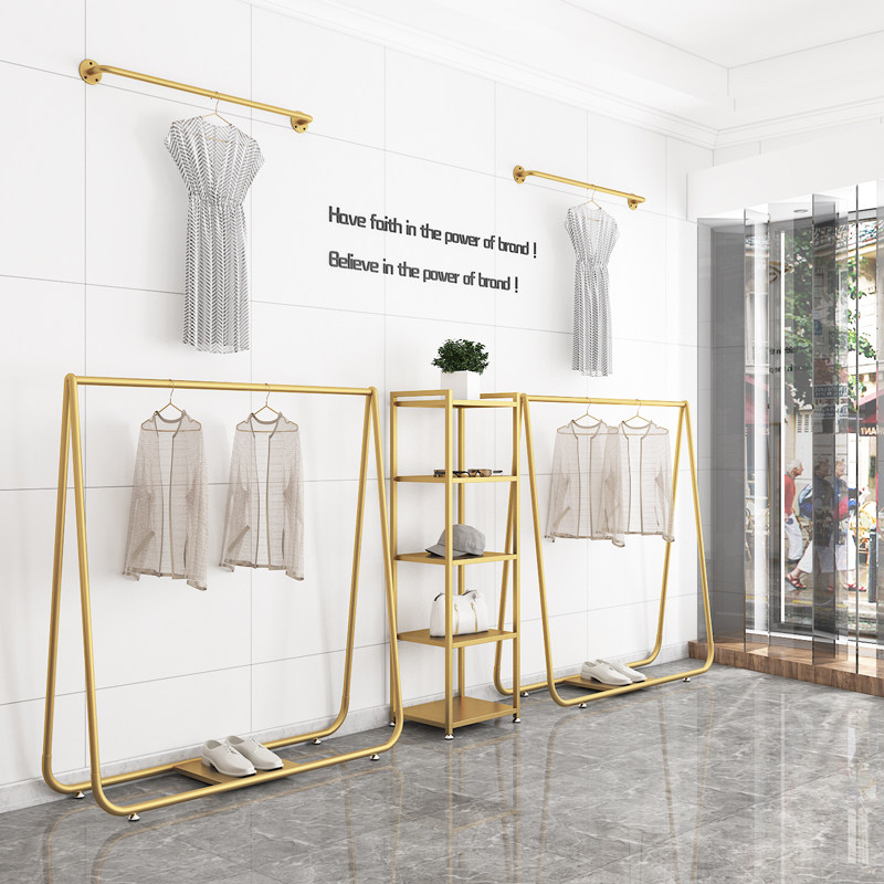 Clothing store display rack golden clothing rack women's clothing store shelf floor-standing hanger non-paint shop design