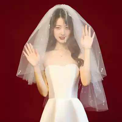 Korean pearl light champagne veil Bride bright flash veil Photo forest dream shake sound the same travel veil