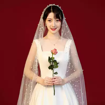 Long version of the trailing white pearl veil bride wedding main wedding headdress Super fairy forest photo props bead yarn