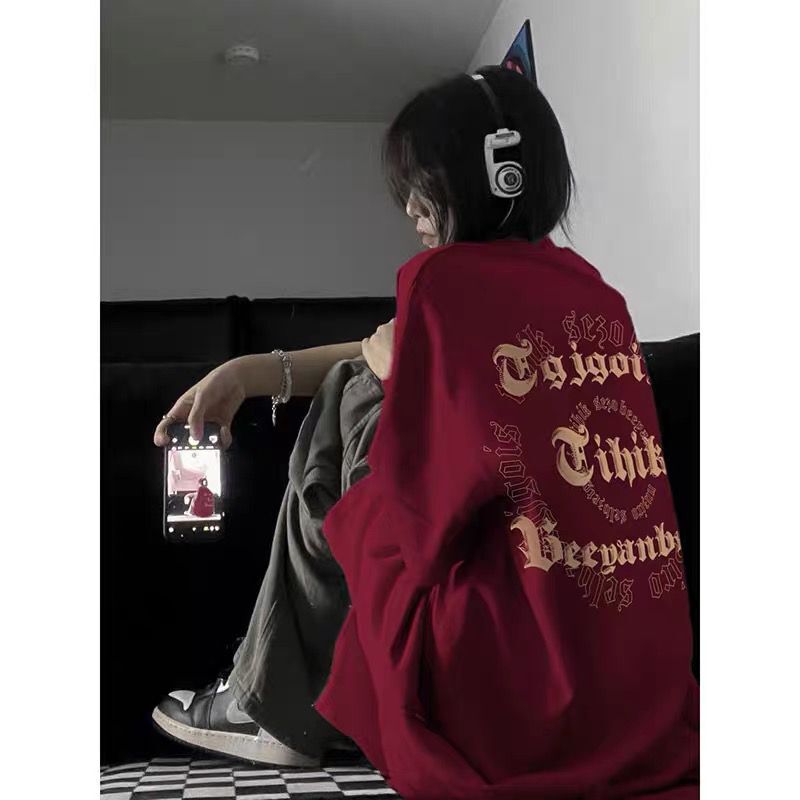 American Retro Oversize Heavyweight Pure Cotton Burgundy Short-Sleeve T-Shirt for Women, Spring/Summer 2026 Zodiac Year Top