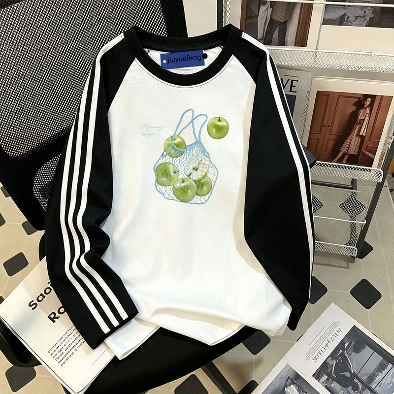 220g 100% Pure Cotton Green Apple Long-Sleeve Patchwork T-Shirt, Fresh and Simple Style, Spring and Autumn Base T-Shirt, Unisex Loose Top 220g 100% Pure Cotton Green Apple Long-Sleeve Patchwork T-Shirt, Fresh and Simple Style, Spring and Autumn Base T-Shirt, Unisex Loose Top