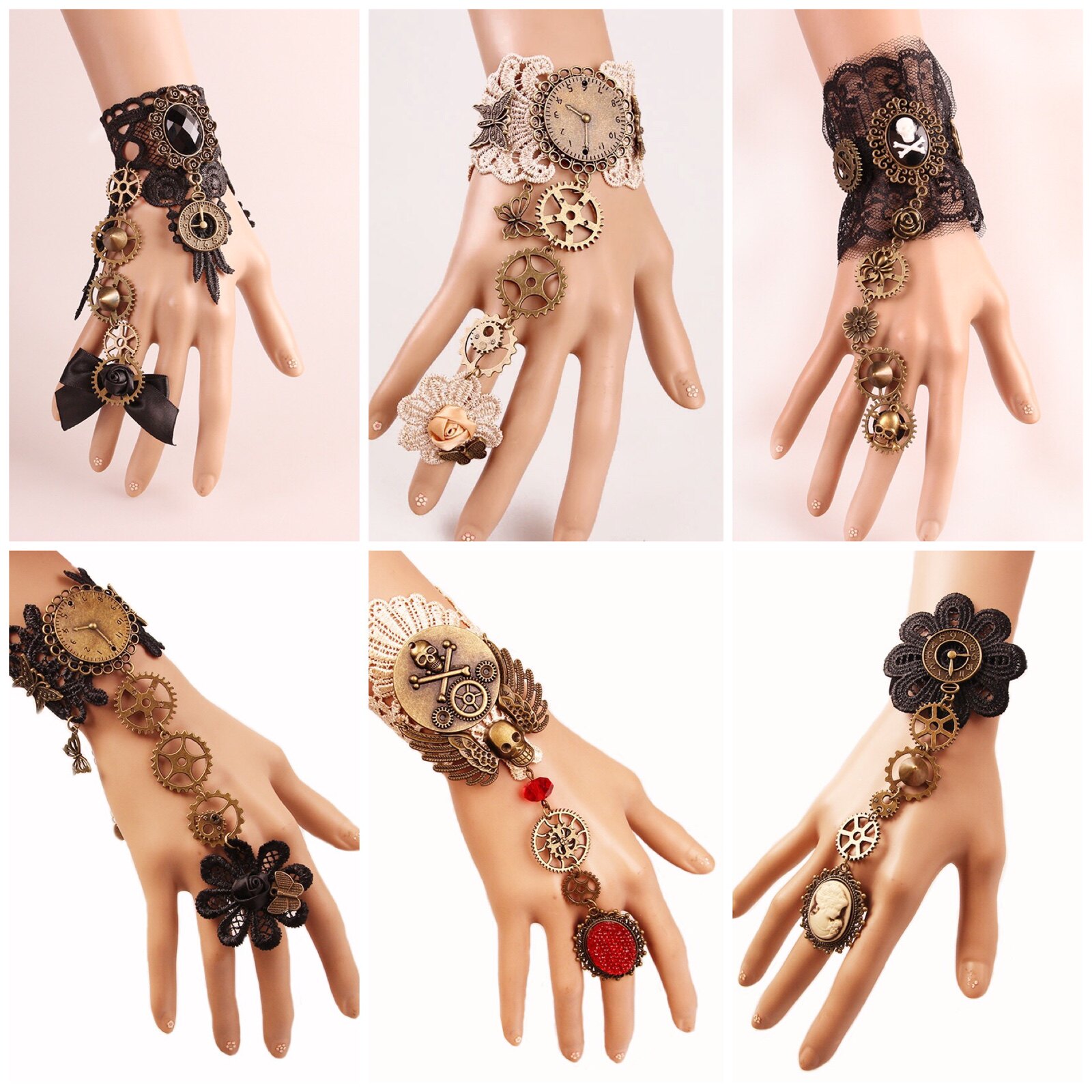 Bracelet and ring integrated clock mechanical dark retro magic gothic Halloween steam gear anime support