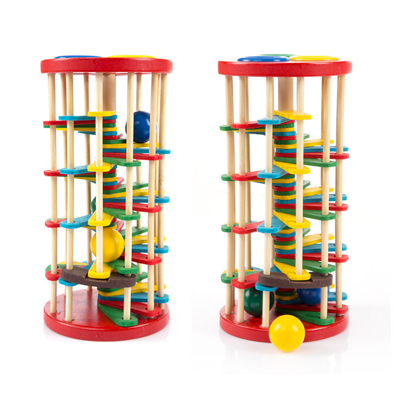 Children's wooden color knocking ball falling ladder creative knocking ball toy infant puzzle early education hands-on knocking table