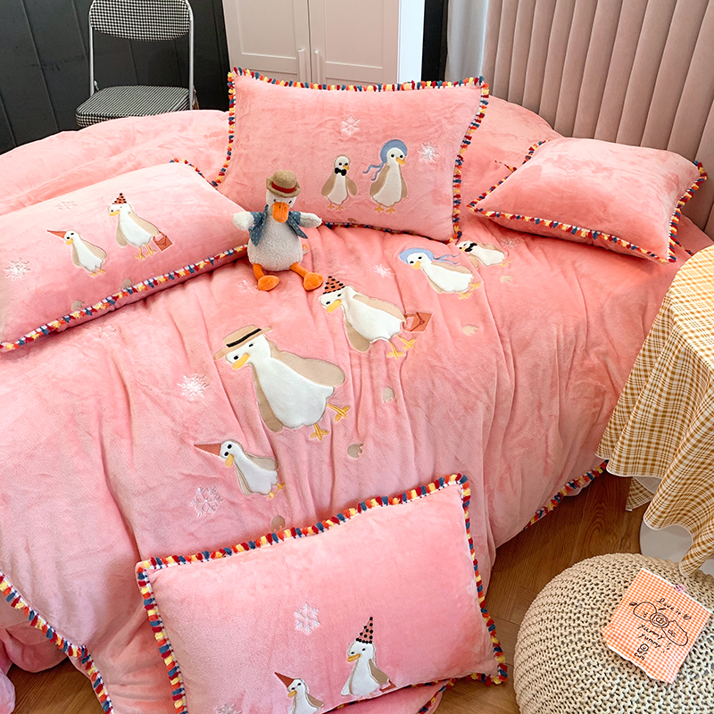 Winter thickened teddy velvet four-piece set double-sided double-sided warm coral velvet duvet cover Milk velvet Princess wind flannel