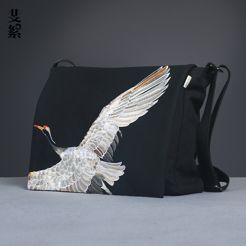 Feixu Original Chinese-Style Embroidered Crane Fine-Textured Canvas Crossbody Shoulder Bag, Unisex Fabric Bag