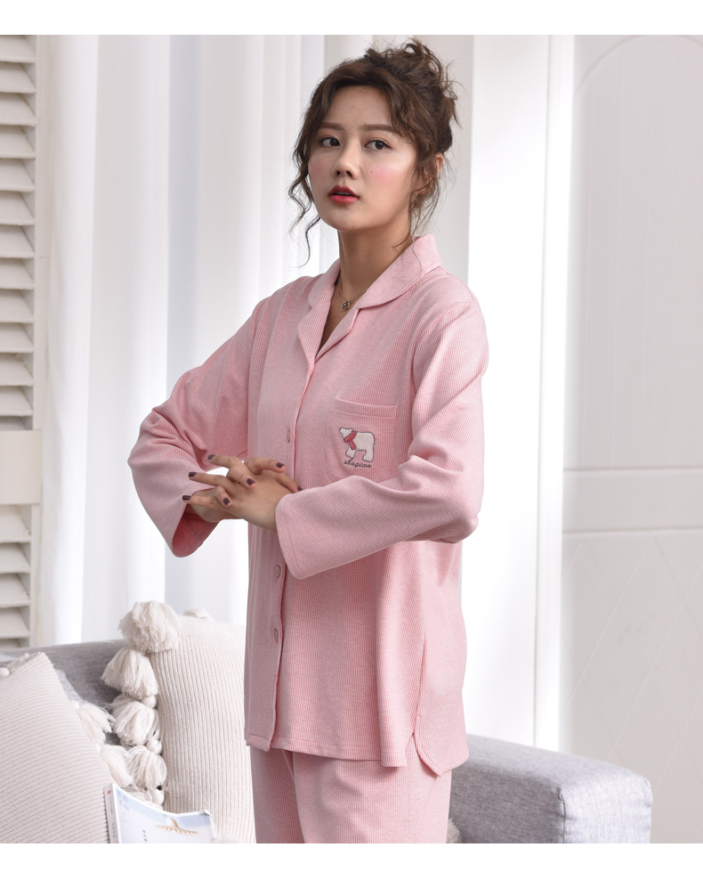 Màu xanh lá cây mùa thu mới cotton đôi đồ ngủ phụ nữ dài tay màu rắn quần tây áo cardigan áo ve áo dịch vụ nhà bộ đồ ngủ ngộ nghĩnh