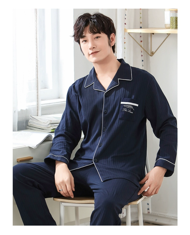 Màu xanh lá cây mùa thu mới của cặp đôi đồ ngủ nữ cotton dài tay sọc sọc áo len thường xuyên nhà đồ ngủ đẹp