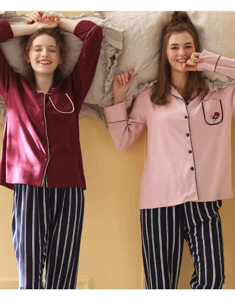 Màu xanh lá cây mùa thu mới bộ đồ ngủ dài tay nữ cotton màu rắn sọc quần cardigan áo ve áo dịch vụ nhà áo ngủ nữ