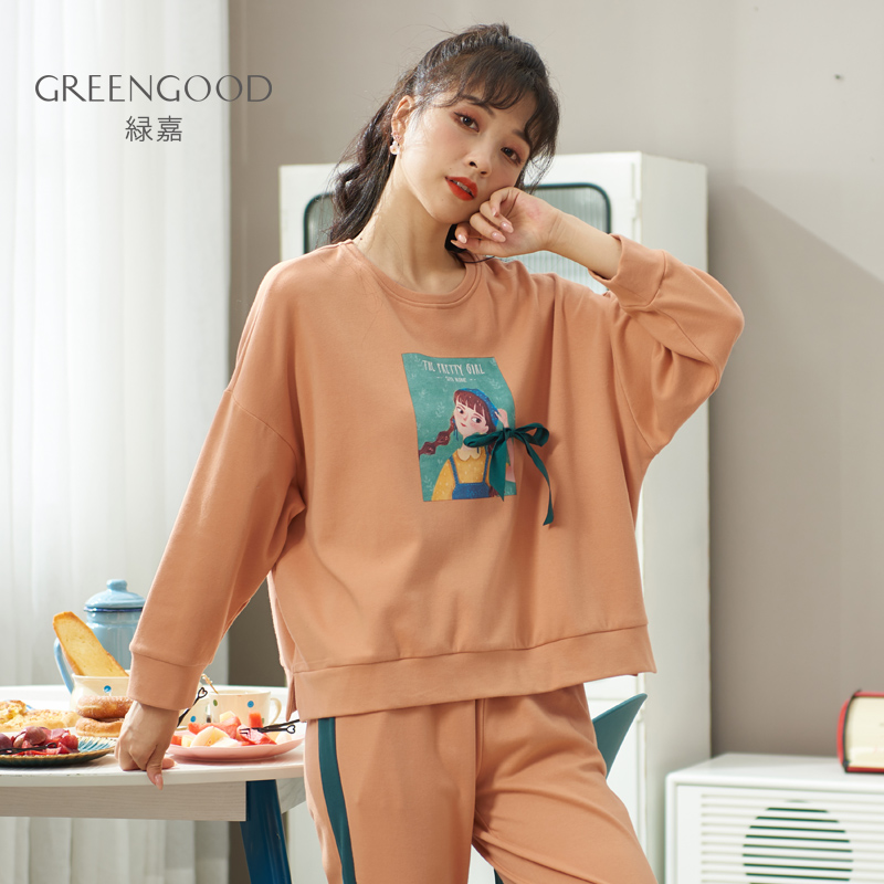 Lvjia spring and autumn style casual pajamas women long-sleeved knitted cotton pullover can be worn outside cartoon fashion home service suit