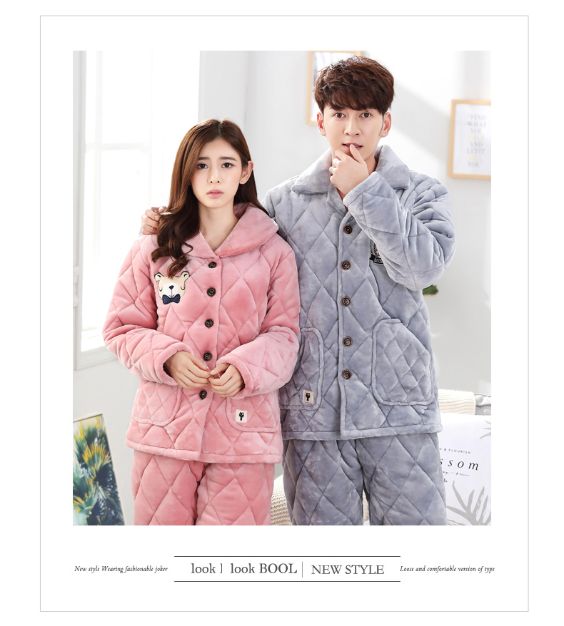 Màu xanh lá cây Jiaqiu mùa đông mới cặp đôi đồ ngủ quilted nam và nữ cardigan ba lớp dày ấm áp lông cừu san hô phù hợp với dịch vụ nhà pijama nam