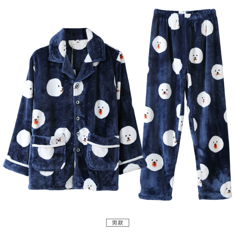 Màu xanh lá cây Jiaqiu mùa đông cặp đôi mới đồ ngủ phụ nữ flannel dài tay áo len nam san hô lông cừu ấm áp dịch vụ nhà phù hợp bộ đẹp cho cặp đôi