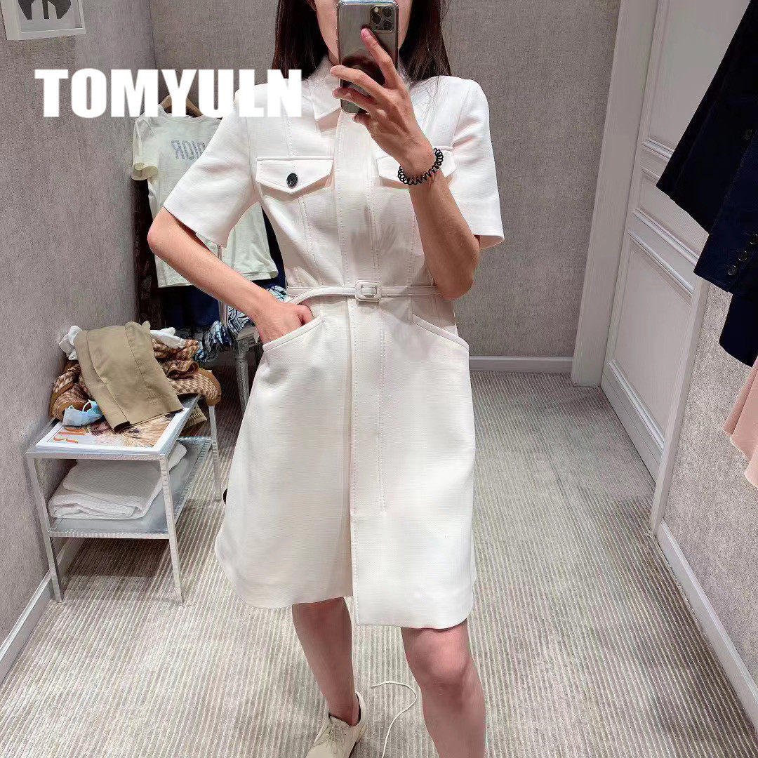 TOMYULN light luxury women's clothing 2020 spring and autumn single-breasted slim short-sleeved stand-up collar dress women's wool skirt