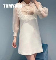 TOMYULN light luxury womens 20 autumn elegant celebrity temperament mesh nail bead repair silk body long sleeve dress