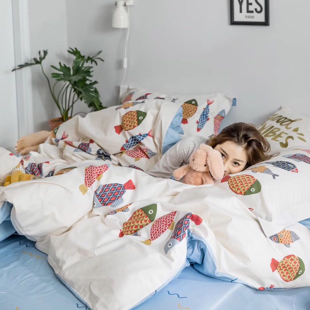 Nhật koi bông gia đình trải giường bốn máy bay phản lực bông chăn Được trang bị giường và bữa sáng văn học phần tấm 1.8m2.0m - Bộ đồ giường bốn mảnh chăn ga gối everon 2020
