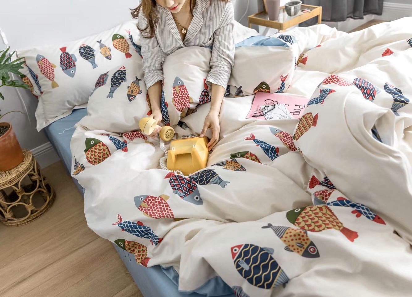 Nhật koi bông gia đình trải giường bốn máy bay phản lực bông chăn Được trang bị giường và bữa sáng văn học phần tấm 1.8m2.0m - Bộ đồ giường bốn mảnh chăn ga gối everon 2020