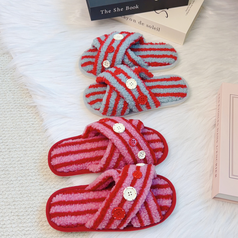 Korean-Style Striped Cross-Button Furry Slippers for Women, Autumn and Winter Home Non-Slip Indoor Cotton Slippers, Cute Plush Slippers