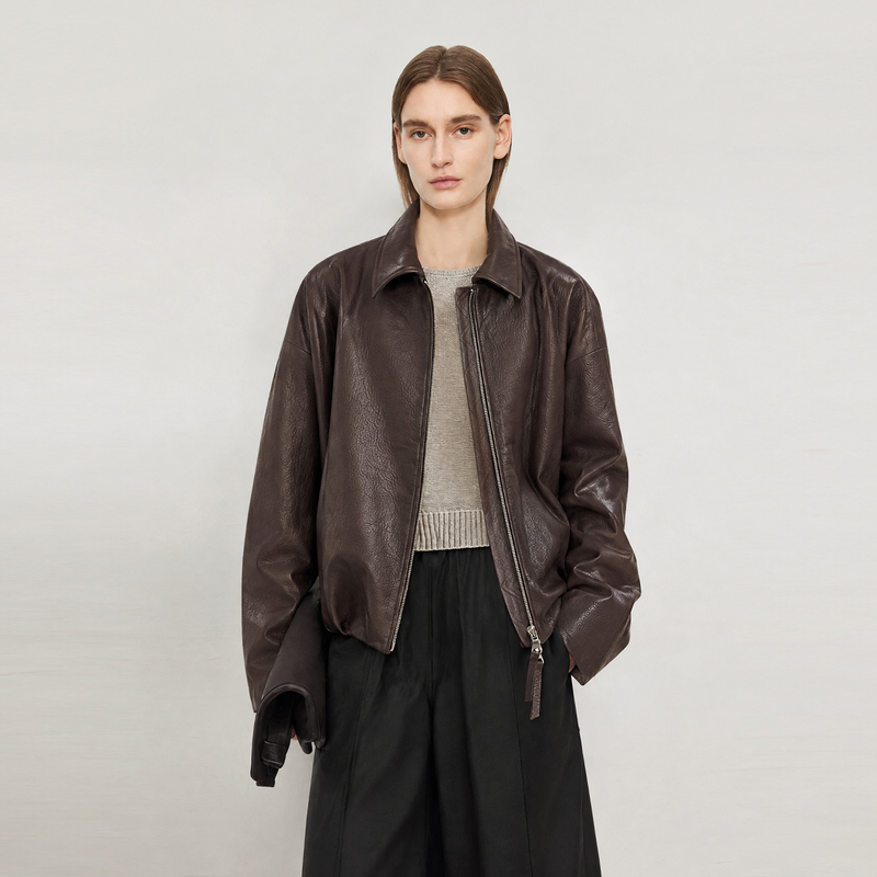 Le Ifmy 100% Genuine Goatskin Leather Jacket Loose Lapel Pilot Style Coffee-Colored Short Jacket for Women Autumn