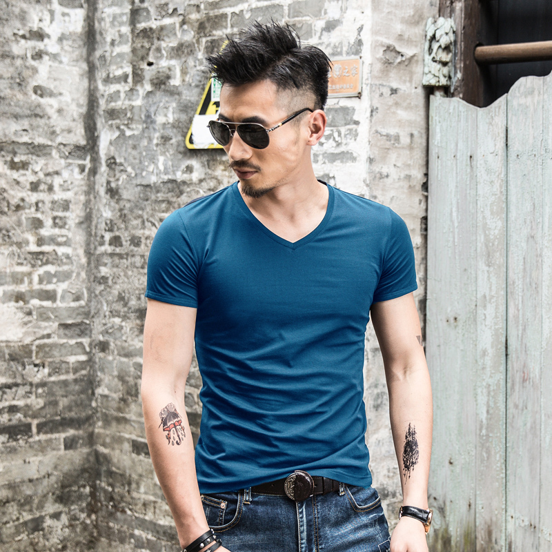 Summer New Men's V-Neck Short-Sleeve T-Shirt, Solid Color, Slim Fit, Stretchy Half-Sleeve Base Shirt, Lake Blue Versatile Tee
