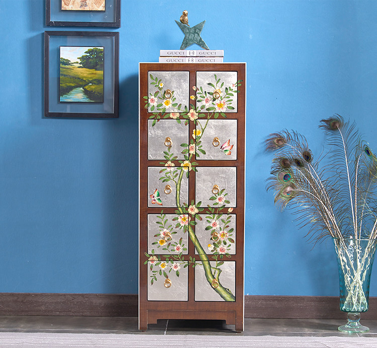 New Chinese style porch cabinet American country solid wood classical painted high cabinet decorative cabinet bedroom side cabinet storage cabinet storage