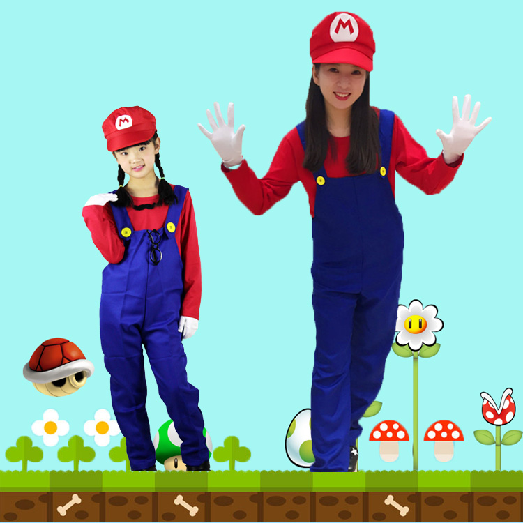 Quần áo trẻ em dành cho người lớn Super Mario trang phục biểu diễn sân khấu Mario trang phục catwalk lễ hội cha mẹ trang phục biểu diễn cho bé