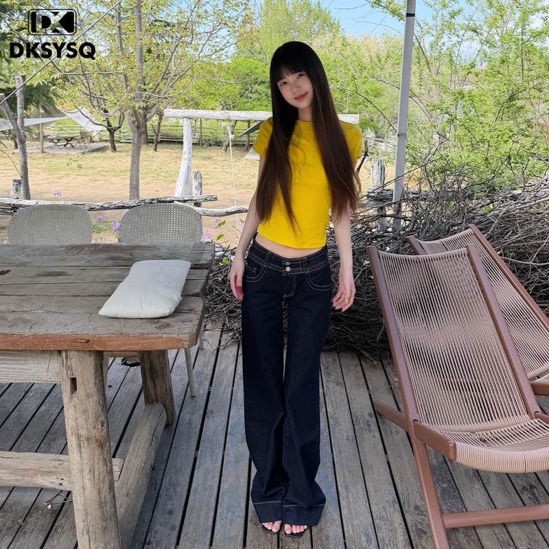 Dksysq Original Color Low-Waist Flared Jeans for Women, Summer 2026 New Style, Dark Blue Petite Straight-Leg Flared Pants
