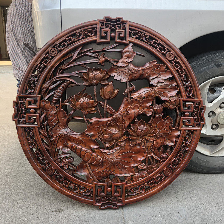 East Yang Wood Carved Disc Pendant Incense Camphor Wood Wall-mounted Lotus Fish Hollowed-out Sofa Background Wall Decoration Painting Engraving-Taobao