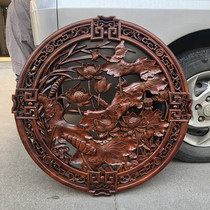  Dongyang wood carving disc pendant Camphor wood wall hanging lotus fish hollow porch sofa background wall decorative painting carving
