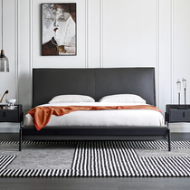 Italian minimalist leather double bed master bedroom light luxury bed Nordic bed modern minimalist first layer cowhide soft bed wedding bed