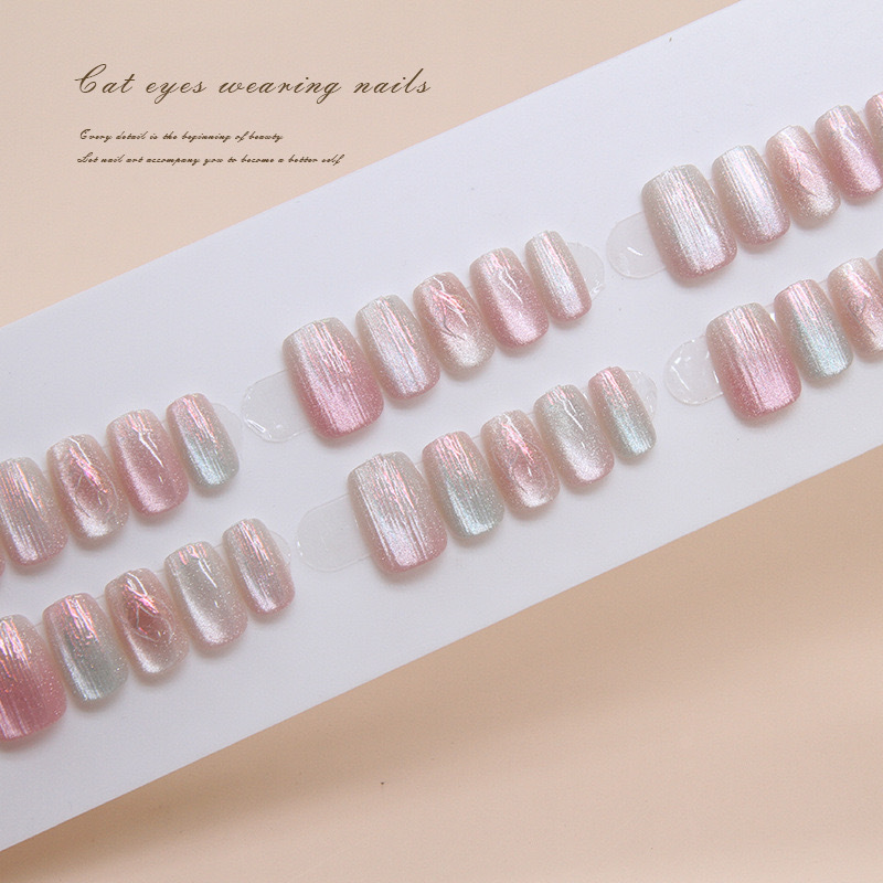 Light Pink Gradient Mermaid Cat Eye Nail Art Finished Nail Patches, Versatile, Natural Whitening, Fake Nails, Long-Lasting and Removable